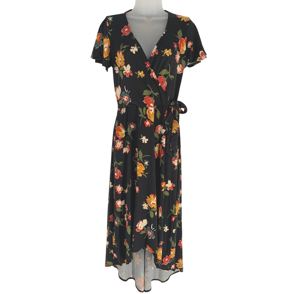 BCX Dress Medium Black Floral Wrap High Low Hem Soft Stretch Midi